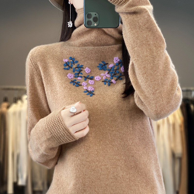 堆堆领100%纯羊毛衫女秋冬新款手工刺绣高领梅花羊绒衫百搭打底衫,淘宝优惠券,粉丝福利购,淘宝优惠卷