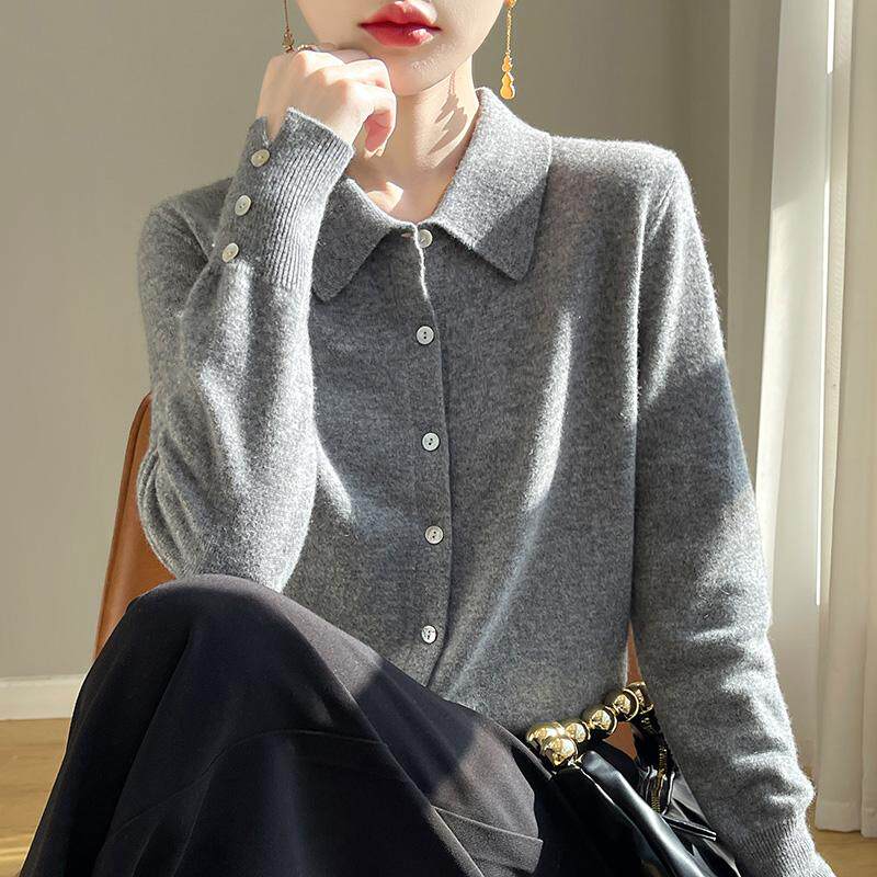 2025秋季100%纯羊毛开衫女POLO领纯色针织毛衣外套宽松羊绒衫上衣,淘宝优惠券,粉丝福利购,淘宝优惠卷
