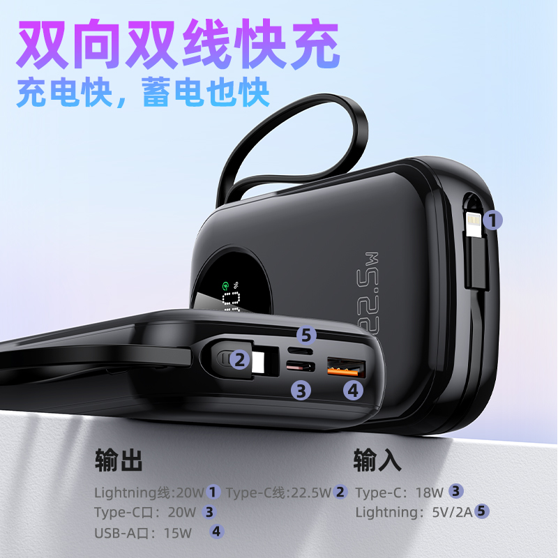 半岛铁盒迷你小巧自带线10000毫安超级快充超薄移动电源大容量