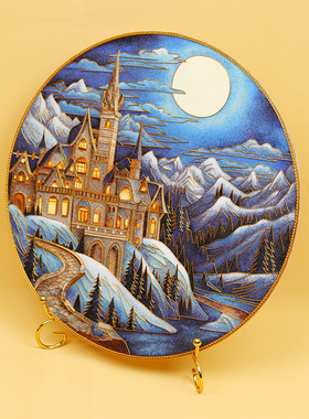 欧式风景珐琅彩掐丝客厅铝盘摆件