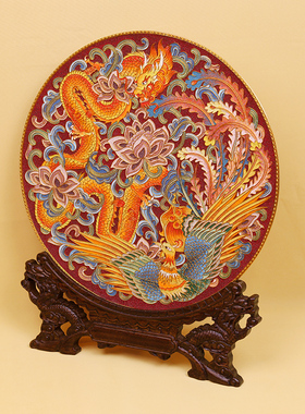 龙凤呈祥铜盘摆件掐丝珐琅彩新中式卧室客厅坐盘景泰蓝手工礼品