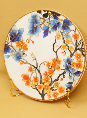 花卉瓷盘摆件掐丝珐琅彩新中式玄关客厅坐盘景泰蓝手工桌面礼品