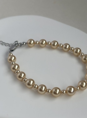 AYOUNG 法式复古香槟色珍珠手链 6mm饱满施家珍珠可调节气质手饰