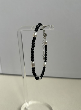 AYOUNG 3mm曜石黑手链小众设计感 黑白搭配通勤百搭串珠手饰