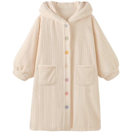 Autumn and winter warm thickened flannel large button nightgown