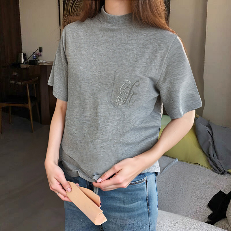 半高领T恤女短袖立领棉通勤宽松中领打底衫叠穿上衣口袋刺绣欧,淘宝优惠券,粉丝福利购,淘宝优惠卷