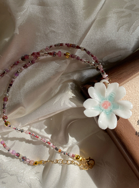 巨温柔！冰裂纹纯手工陶瓷小花朵项链 吊坠小众礼物