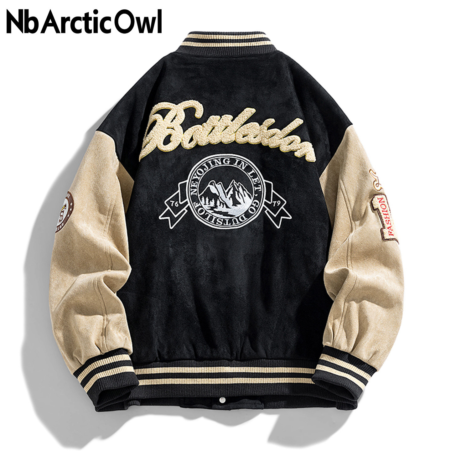 nbarcticowl美式潮流复古刺绣棒球服夹克男春秋季麂皮绒拼色外套,淘宝优惠券,粉丝福利购,淘宝优惠卷