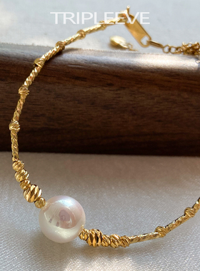 Akoya极光天女级珍珠手链爆闪18k金菠萝镭射劈花管手镯正圆无瑕