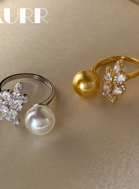 精工高奢！雀翎通体S925纯银高碳钻珍珠戒指开口极光正圆冷光澳白