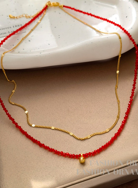 铜镀真金个性喜庆红色串珠项链时尚小众新年款叠戴设计锁骨链2292