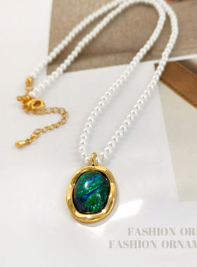 复古法式珍珠项链高级感绿色吊坠颈链轻奢小众新潮设计锁骨链