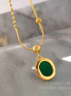 复古新潮绿色吊坠项链个性拼接设计颈链气质简约不对称锁骨链