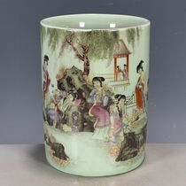 Antique porcelain picks up the old goods Qing Dynasty Tongzhi Bean Green Glaze Powder Colored Duojinchai Pen Holder Wenfang