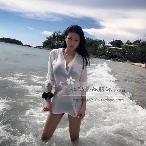 海岛度假穿搭白色BF长袖衬衫比基尼泳衣沙滩外套chic罩衫防晒衣女 - 图3