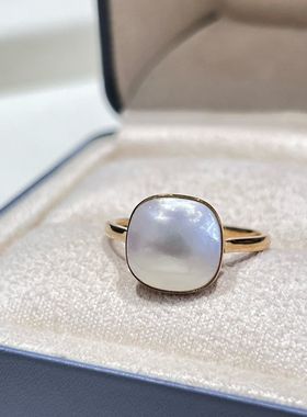 18K金海水10-11mm澳白马贝珍珠正方形戒指，基本无瑕