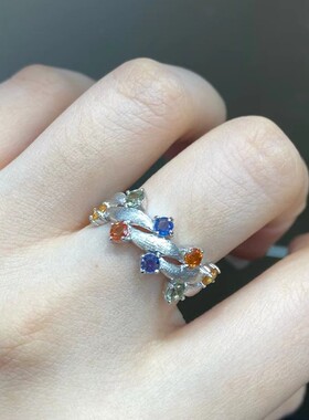 s925银镶天然托帕石蕾丝戒指