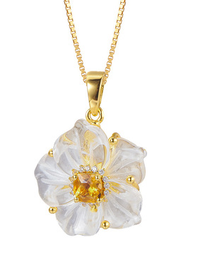 s925银山茶花天然白水晶黄水晶戒指，吊坠，耳钉套装