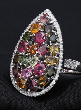 奢华群镶天然碧玺戒指现货复古豪华s925银镶嵌天然宝石戒指