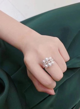 天然稀有樱花色系珍珠多珠戒指s925精工工艺，极光Akoya 品质