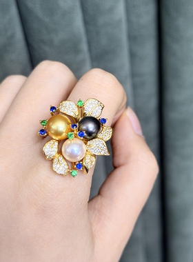 s925银大溪地黑珍珠、南洋金珠、Ak海水珍珠戒指