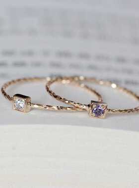 现货无折 韩国纯14K金菱形切面戒壁方形包镶戒指 轻巧细指环多色