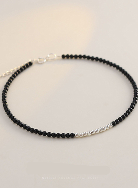 原创简约设计925纯银黑玛瑙珠项链女时尚极简小众手链脚链黑色款