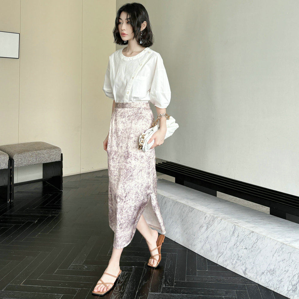 白色晕染醋酸宽松休闲直筒半身裙中长款长裙气质通勤夏女高腰H型