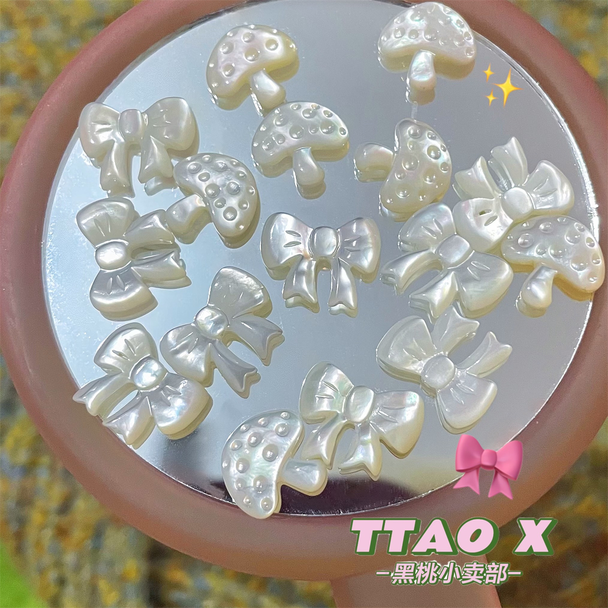 TTAO X 甜酷风 深海贝母emoji蝴蝶结小蘑菇925纯银耳钉耳环耳夹 - 图1