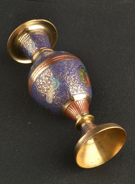 藏传印度铜器打结花瓶铜雕手工艺品孔雀漆彩铜花瓶礼品摆件