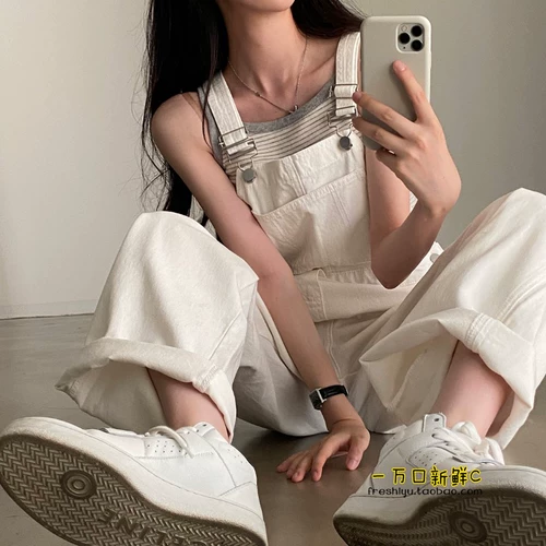 Милый белый джинсовый японский комбинезон для отдыха, ретро штаны, свободный прямой крой
