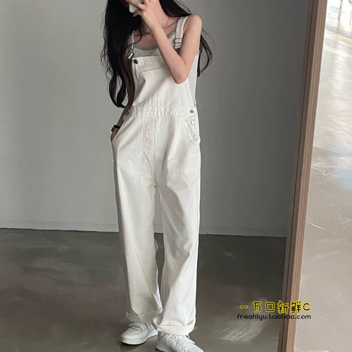 Милый белый джинсовый японский комбинезон для отдыха, ретро штаны, свободный прямой крой