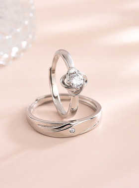 盛源艺 情定一生情侣对戒925纯银韩版小众时尚仿钻戒开口婚礼戒指