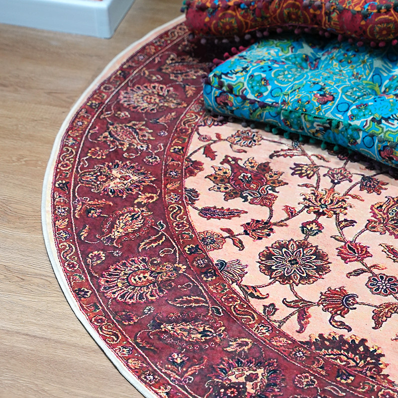 珊瑚粉中式民族风圆形地垫家用客厅沙发垫单椅垫卧室衣帽间镜前毯,淘宝优惠券,粉丝福利购,淘宝优惠卷