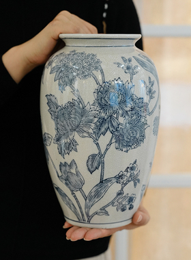 富贵菊黄釉冰裂纹青花瓷瓶家用客厅装饰摆件入户玄关水培插花器