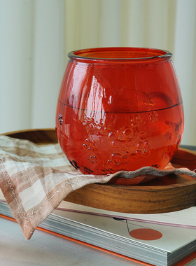 进口水晶玻璃粉樱浮雕水杯小花瓶家居摆件