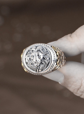S925纯银复古做旧泰银狮子戒指