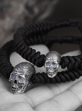 男款纯银骷髅头编绳手链首胜