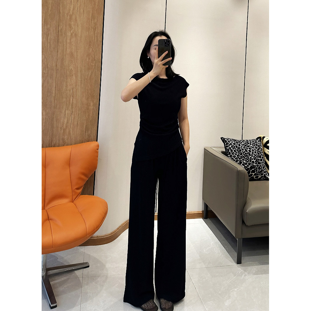 C4523时尚巴黎的老店 大爱！肌理感醋酸套装 不规则收腰上衣+长裤 - 图1