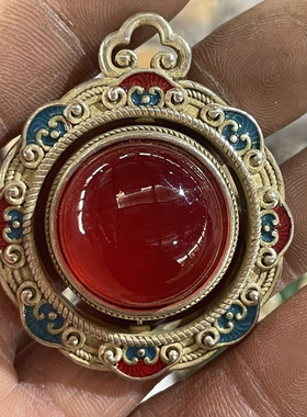 藏式复古镶嵌红宝石圆形转运珠吊坠白玉吊坠红色玉挂件铜质可转动