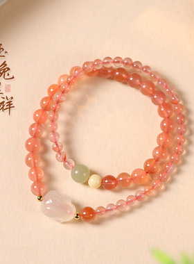 原创冰飘南红玛瑙手串荔枝冻小玉兔和田玉蜜蜡隔珠双圈手链女手饰