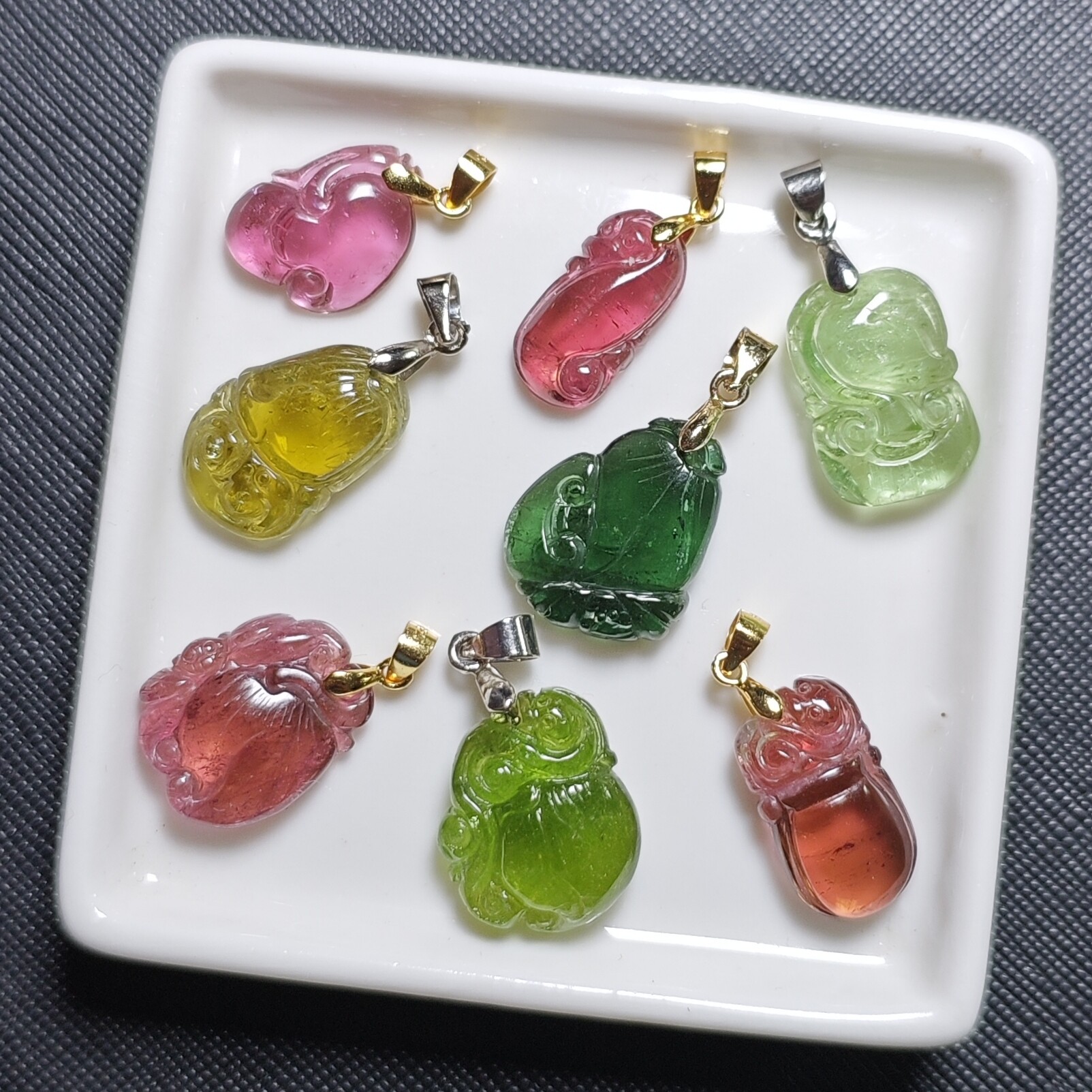 (新品优惠)巴西红黄蓝绿碧玺玻璃体吊坠雕刻如意树叶葫芦桃子挂坠,淘宝优惠券,粉丝福利购,淘宝优惠卷