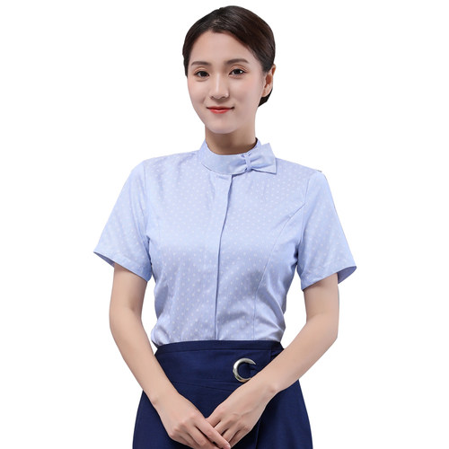 新款中国移动工作服女蓝印花短袖衬衫营业厅公司夏季制服套装衬衣 - 图3