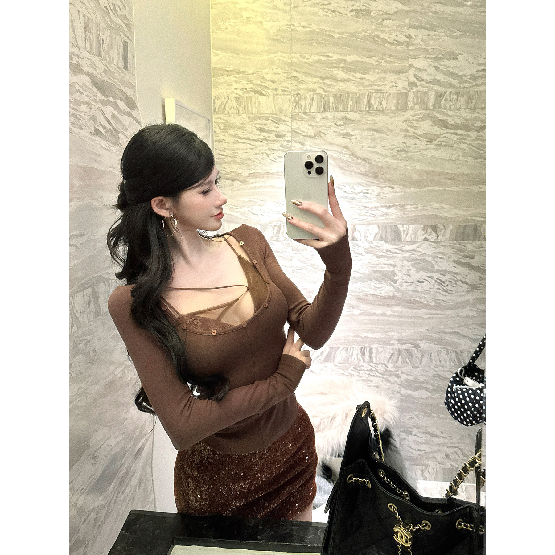 灰尘邓邓 性感长袖上衣女2025冬季新款蕾丝吊带打底衫纯欲内搭T恤,淘宝优惠券,粉丝福利购,淘宝优惠卷