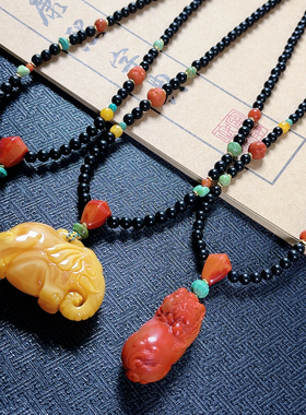 天然和田玉黑色墨玉珠珠链蜜蜡南红吊坠配链挂坠链万能链琥珀挂绳