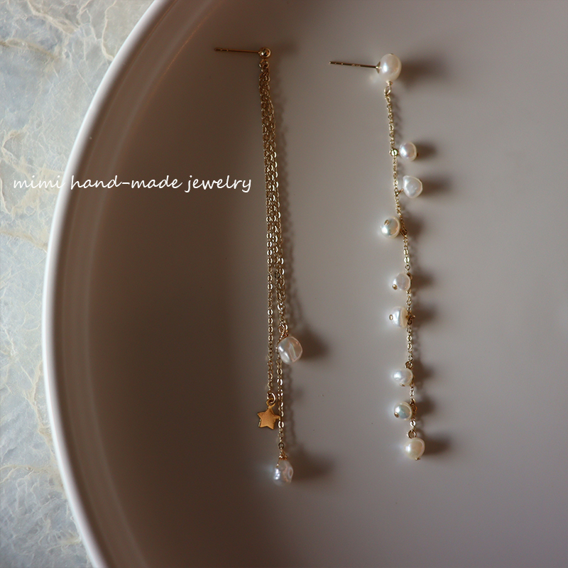 MIMI 原创14K注金天然巴洛克珍珠流苏耳环耳夹长款耳线耳饰耳坠 - 图3