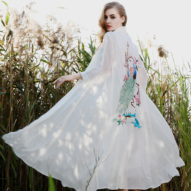Anna Teng peacock embroidered thin windbreaker shawl Chinese style