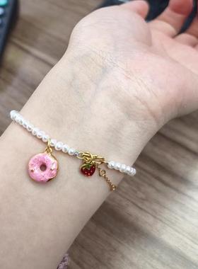 黄金包银黄金色珐琅桃心甜甜圈平安扣吊坠白色淡水珍珠手链手串潮