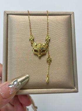 s925纯银镀黄金色假面具狐狸项链女小红书爆款古法鎏金錾刻锁骨链