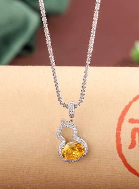 s925纯银镀黄金色新款黄钻微笑葫芦吊坠项链女波光粼粼镶钻锁骨链